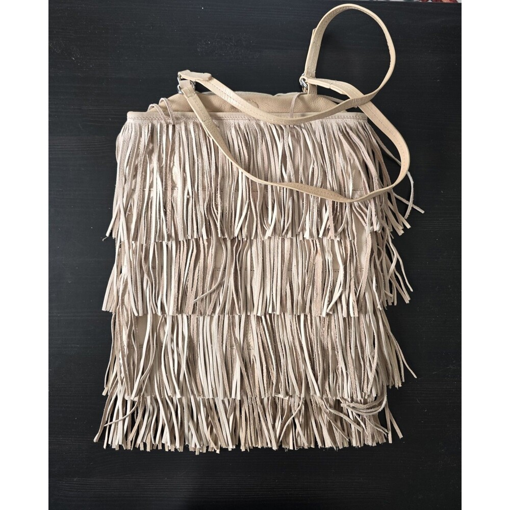 Zara Tiered Suede Leather Fringe Bag Tote Beige LG Y2K Western Chic BOHO Hippie